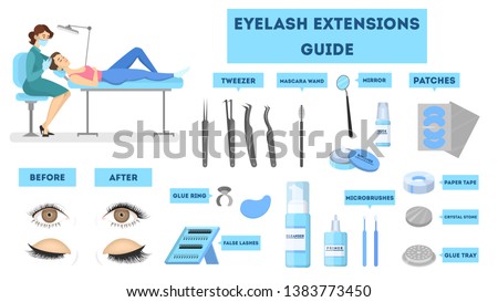 Eyelash extension for woman. Infographic with eyelashes volume correction. Fake lashes making with various tool. Fashion and beauty. Isolated vector illustration in cartoon style