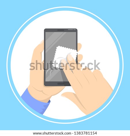Image, Stock Photo Hand cleaning a phone screen with wet antibacterial wipes to avoid virus contamination.