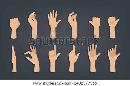 Set of hands showing different gestures. Palm pointing at something. Isolated flat vector illustration