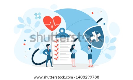 Health insurance concept. Big clipboard with document on it under the umbrella. Healthcare, finance and medical service. Isolated vector illustration in cartoon style Сток-фото © 