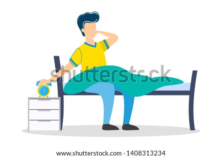 Man sleeping in the bed and waking up with the sun in a good mood. Resting in bedroom and morning awakening. Isolated vector illustration in cartoon style