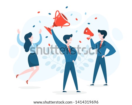 Success concept. Winning in competition. Getting reward or prize for achievement. Goal, inspiration. hard work and result. Vector illustration in cartoon style