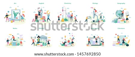 School subject set. Idea of education and science. Biology, chemistry and maths. Isolated vector illustration in cartoon style Foto stock © 