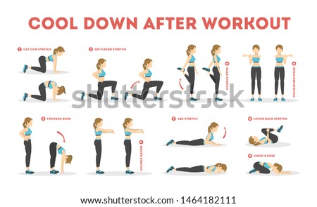 Cool down after workout exercise set. Collection of stretching poses. Improving muscles flexibility. Physical movements. Isolated vector illustration in cartoon style