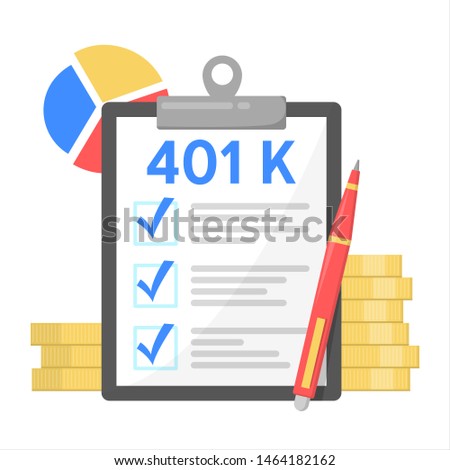 401K financial plan, investment in retirement. Pension savings account concept. Isolated vector illustration in cartoon style
