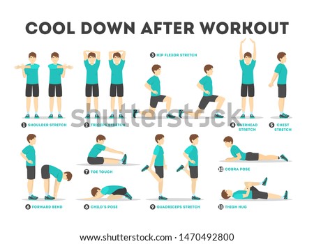Cool down after workout exercise set. Collection of stretching poses. Improving muscles flexibility. Physical movements. Isolated vector illustration in cartoon style