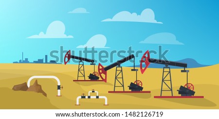 Petroleum production industry concept. Oil derrick construction drilling fuel and gas. Vector illustration in cartoon style