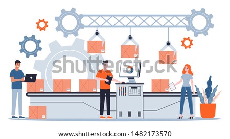 People working at the production line. Conveyor in the factory. Automatic machine, package on the line. Isolated flat illustration vector