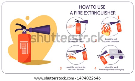 How to use fire extinguisher. Information for the emergency case. Idea of safety and protection. Pull, aim, squeeze and sweep. Vector illustration in cartoon style