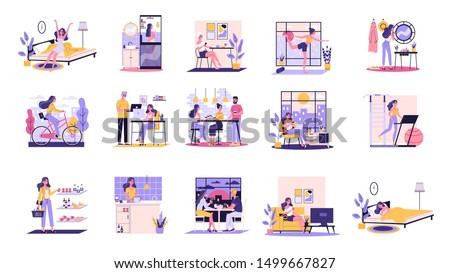 Daily routine of a woman set. Girl having breakfast in the morning, work and sleep. Businessman schedule. Working in office on computer. Isolated vector illustration in cartoon style