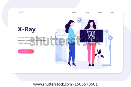 Woman standing behind the x-ray and make examination of the chest. Human body, skeleton. Idea of radiology and body scan. Flat vector illustration