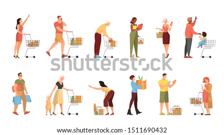 People walking with shopping cart in supermarket set. Character with basket in the store. Isolated flat vector illustration