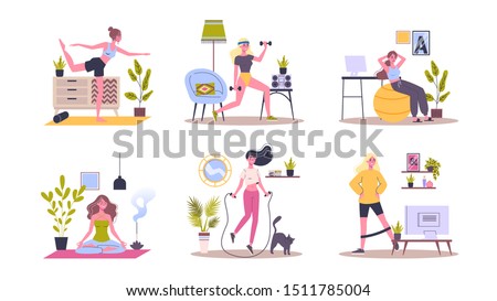 Sport exercise at home set. Woman doing workout indoor. Yoga and fitness, healthy lifestyle. Flat vector illustration