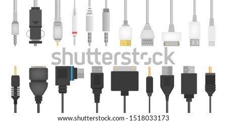 Cable wire set. Collection of audio and video connector. Computer technology. Isolated vector illustration in flat style