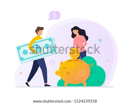 Money putting inside the piggy bank. Financial savings from income. Idea of investment and wealth. Isolated vector illustration in cartoon style