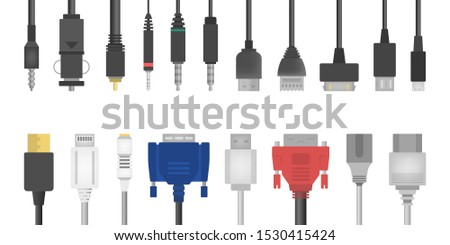 Cable wire set. Collection of audio and video connector. Computer technology. Isolated vector illustration in flat style