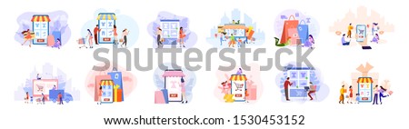 Online shopping concept set. E-commerce, customer on the sale. App on mobile phone and computer. Isolated vector illustration in flat style