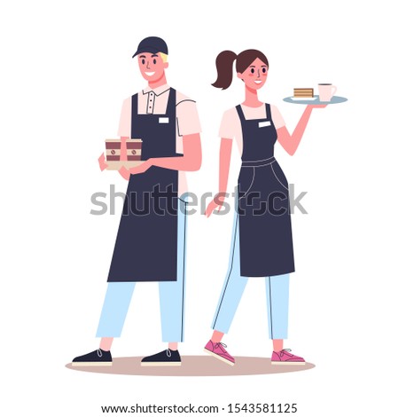 Waiter and waitress standing. Restaurant staff in the uniform, catering service. Isolated vector illustration in cartoon style