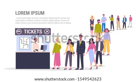 Vector illustration of big queue of people standing towards a ticket service to buy tickets for city public transport. Adults standing in the long crowd waiting for their turn.