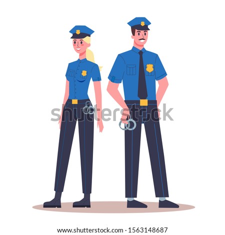 Police office couple in the uniform standing. Female and male worker. Policeman character. Professional occupation. Isolated vector illustration in cartoon style