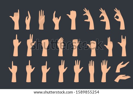 Set of hands showing different gestures. Palm pointing at something. Isolated flat vector illustration