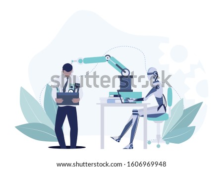 Robot vs human business concept. Artificial intelligence works faster and better than human. Robot kick off human worker. Vector illustration in cartoon style