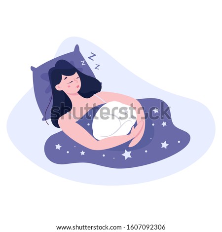 Woman sleep with cat. Person rest in the bed on the pillow late at night. Peaceful dream and relax. Vector illustration in cartoon style