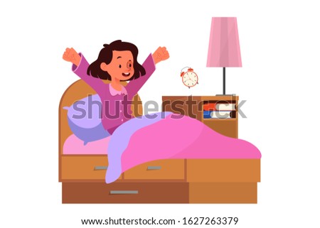 School girl schedule concept. Little girl waking up with the sun in a good mood. Resting in bedroom and morning awakening. Isolated vector illustration in cartoon style