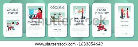 Food delivery mobile application banner set. Online delivery concept. Order in the internet. Add to cart, pay by card and wait for courier on moped. Vector illustration in cartoon style