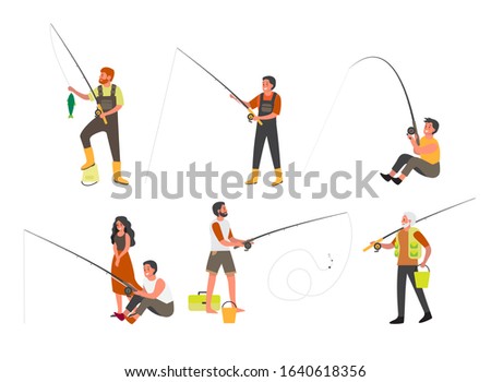 People fishing with fishing rod and ned set. Summer outdoor activity, nature tourism. People with fishing equipment and fish. Sport fishing competition. Isolated flat vector illustration