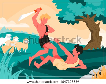 The first murder scene. Cain kills Abel. Christian bible character. Scripture history. Vector illustration.