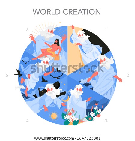 Bible narratives about Six days of Creation. Christian bible character. Scripture history. Genesis creation narrative, god created everything. Vector illustration