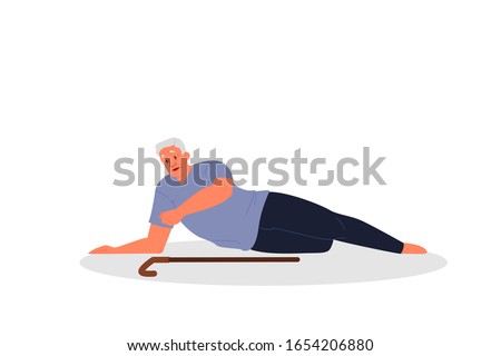 Retired men fell down. Elderly person with cane on the floor. Pain and injury. Vector illustration in cartoon style
