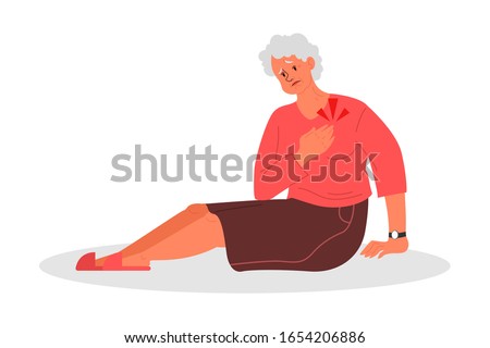 Retired women fell down. Old woman with her arm on her heart. Elderly person with with pain or injury. Heart attack. Vector illustration in cartoon style