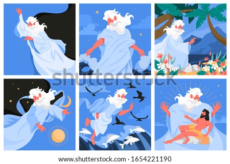 Bible narratives about Six days of Creation. Christian bible character. Scripture history. Genesis creation narrative, god created everything. Vector illustration