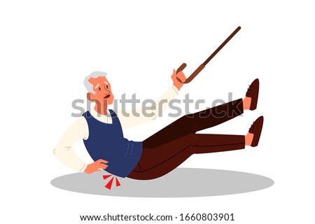 Retired men falling down. Elderly person with cane on the floor. Pain and injury. Vector illustration in cartoon style