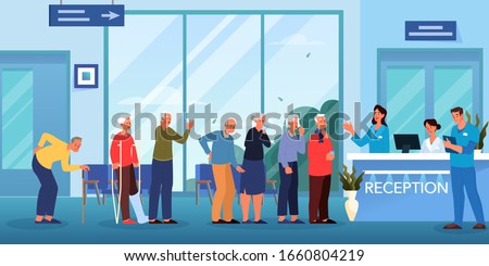 Queue to the doctor. Waiting room in hospital. Seniors waiting in queue for medical consultation. Clinic interior. Flat vector illustration