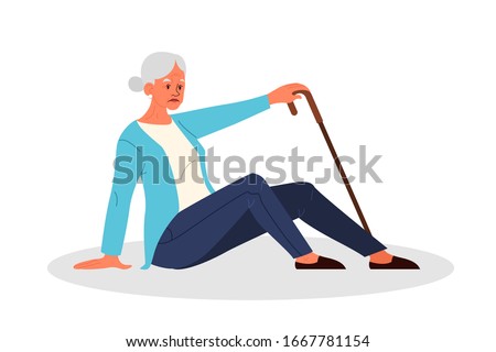Retired women fell down. Old woman with a cane. Elderly person with with pain or injury. Old woman with dizziness. Vector illustration in cartoon style