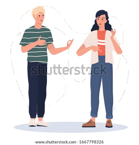 Hearing disability concept. Deaf man and woman talk to each other. People with hearing aid. Young disabled deaf-mute man and woman communicate using sign language. Flat vector illustration