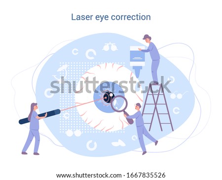 Ophthalmologist eyesight laser correction. Idea of eye and vision care. Oculist treatment for sharp sight. Laser eye correction. Vector illustration in cartoon style