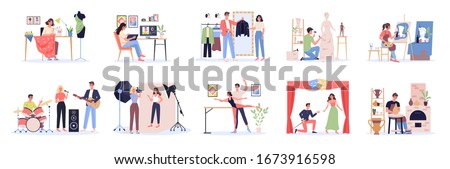 Creative occupation set. Designer and artist at work, dancer and musician. Collection of hobby and modern profession. Isolated vector illustration in cartoon style