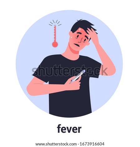 Man in fever with a high temperature as a symptom of flu, cold. Guy in sweat holding a thermometer. Isolated vector illustration in cartoon style