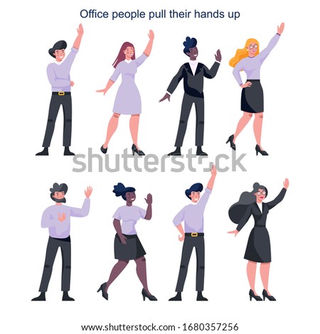 Business people in official clothes with their hand up set. Worker in a suit standing and pulling hand up. Business concept of voting, volunteering. Vector illustration in cartoon style