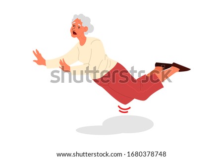 Retired women faling down. Old woman falling on her knee. Elderly person with with pain or injury. Leg trauma. Vector illustration in cartoon style