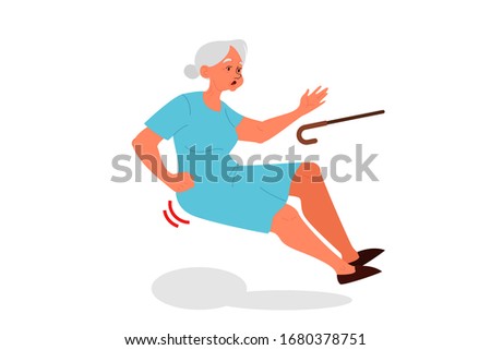 Retired women falling down. Old woman with a cane. Elderly person with with pain or injury. Vector illustration in cartoon style