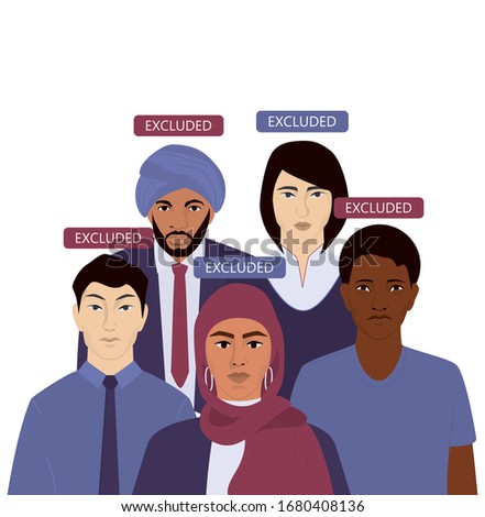 National origin discrimination concept web or ad banner. Group of people of different race, nationality and gender. Unequal rights for emigrant, excluded people. Isolated vector illustration.