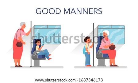 Good manners concept. Retired woman standing in the bus while little boy sitting. Biy giving way to an elderly person. Parenthood and child rearing concept. Isolated flat illustration