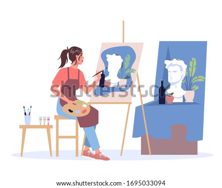 Woman artist sitting at the easel and painting. Young painter with palette. Creative profession. Vector illustration in flat style isolated