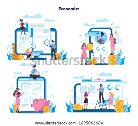 Economics and finance online service on differernt device, computer, laptop, tablet and smartphone. Investment consultation and audit. Business capital lending. Vector illustration set