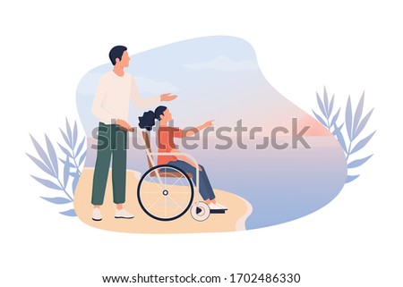 Happy little girl on wheelchair with her father on a beach. Disabled child has fun outside, world without barriers for disabled people concept. Web banner or poster idea. Flat vector illustration